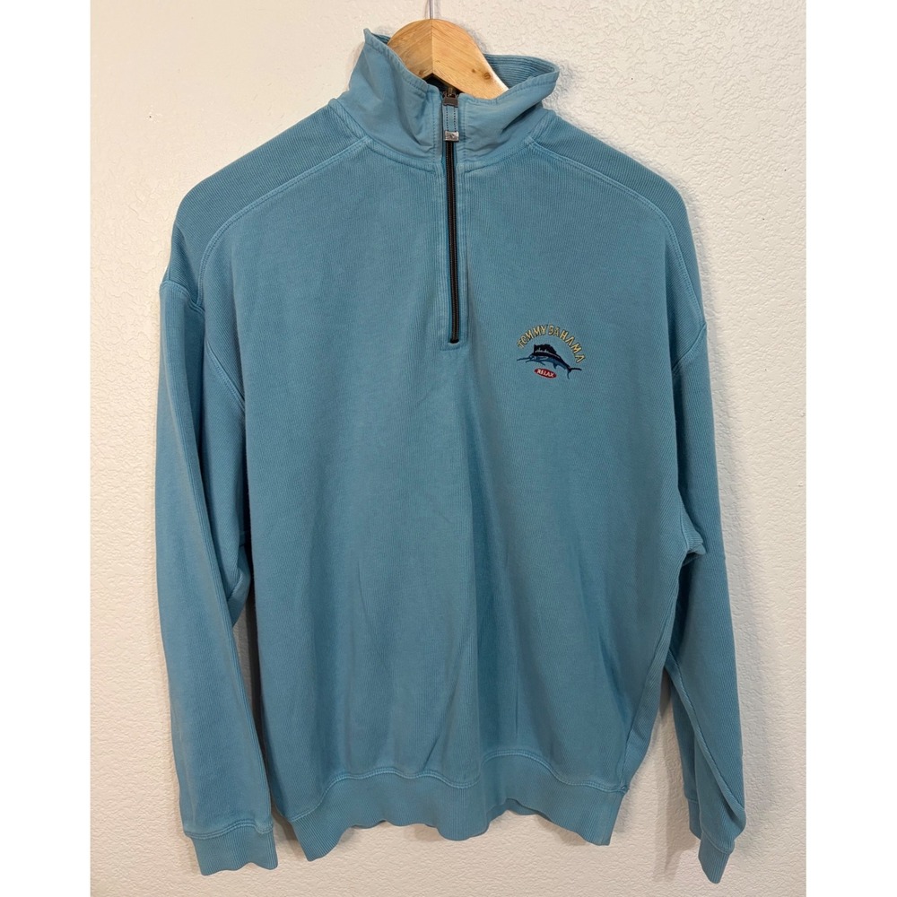 Tommy Bahama Relax Mens Quarter Zip Pullover Blue Ribbed Marlin Logo Sweatshirt